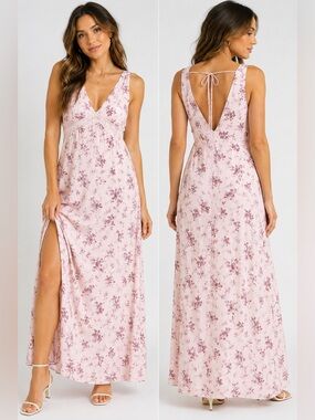 Wild Fable Pink Purple Floral Satin Lace Trim Maxi Dress Women’s L NWT